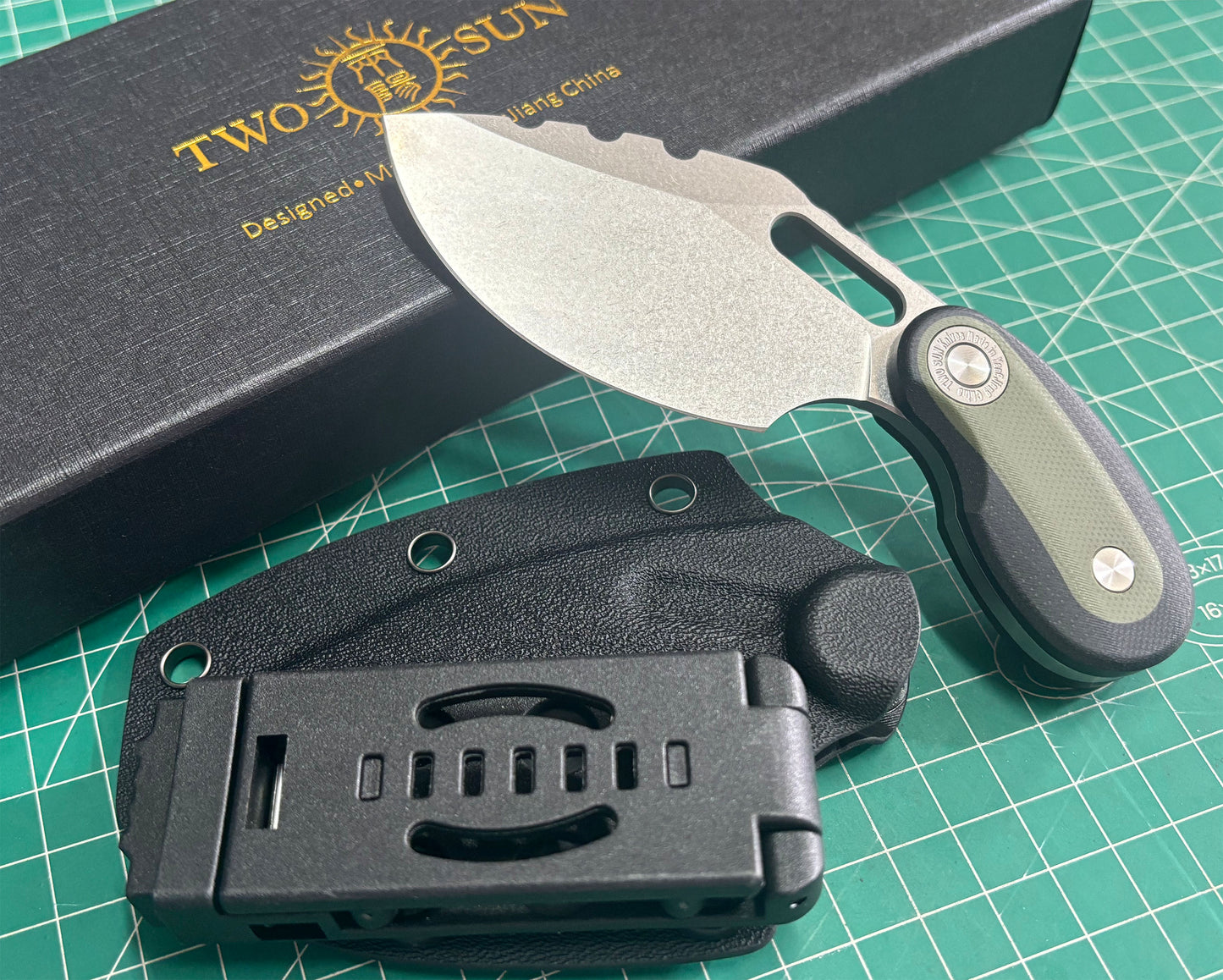 TWOSUN FIXED BLADE KNIFE Green Black G10 HANDLE D2 PLAIN EDGE TS545-D2-KS