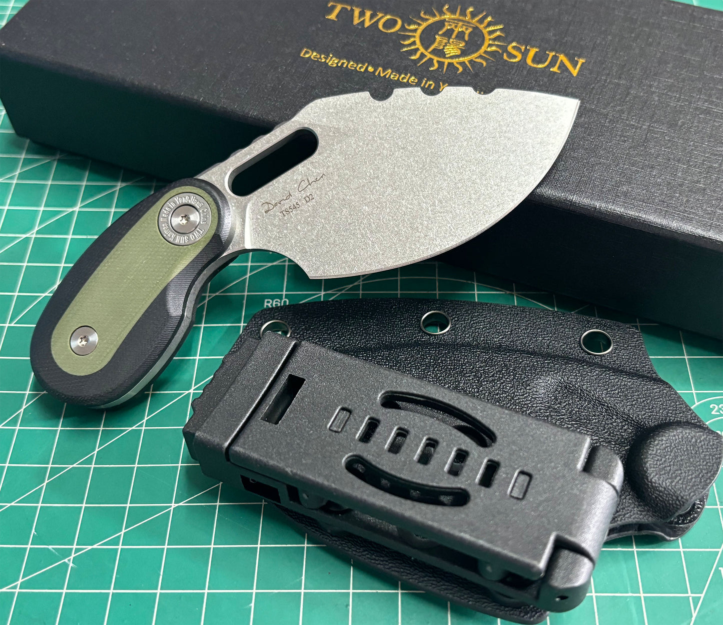 TWOSUN FIXED BLADE KNIFE Green Black G10 HANDLE D2 PLAIN EDGE TS545-D2-KS