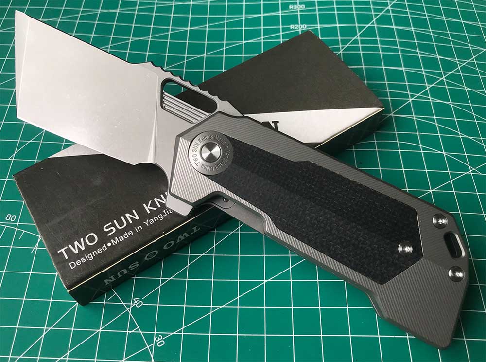 TWOSUN DAVID CHEN FLIPPER TANTO FOLDING KNIFE MICARTA TITANIUM HANDLE TS500-D2-StoneWash
