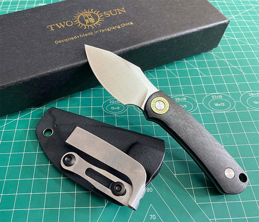 TWOSUN FIXED BLADE KNIFE CARBON FIBER HANDLE M390 EDGE TS525-M390-CF-SATIN