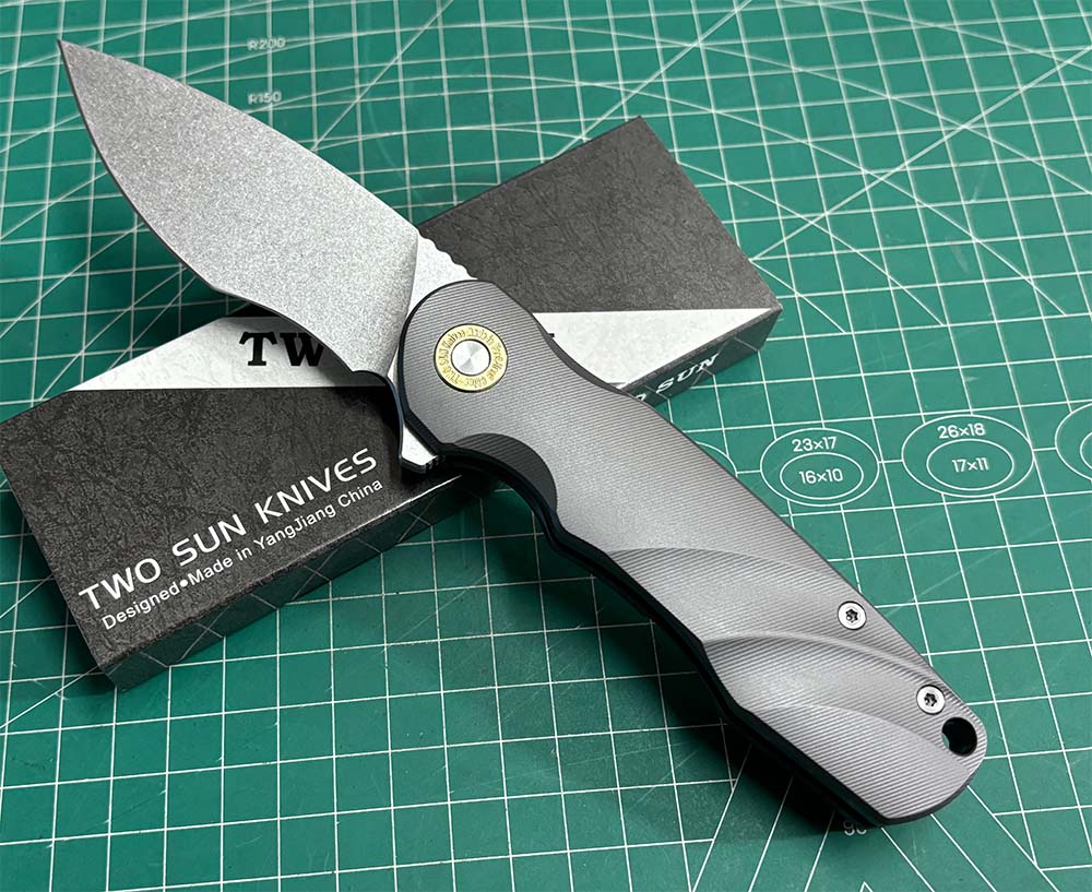 TwoSun Folding Knife Black Titanium Handle Stonewashed 14c28n TS517-14C28N-BLACK