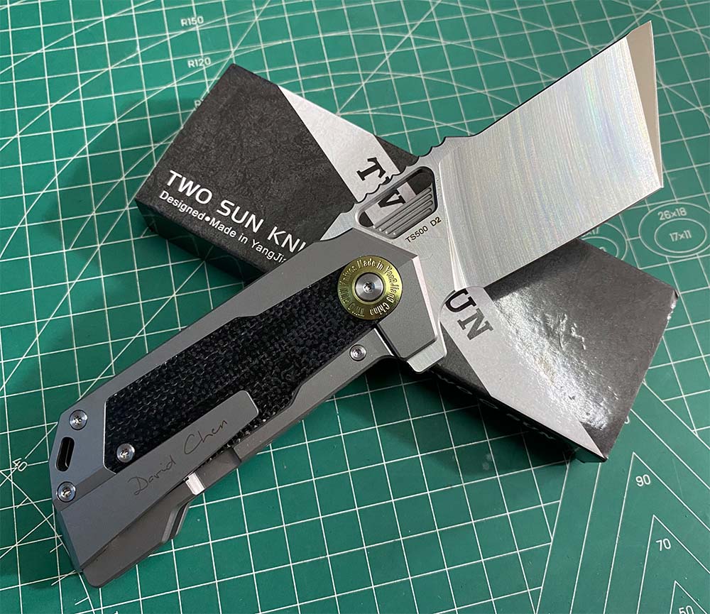 TWOSUN DAVID CHEN FLIPPER TANTO FOLDING KNIFE MICARTA TITANIUM HANDLE TS500-D2-SAND