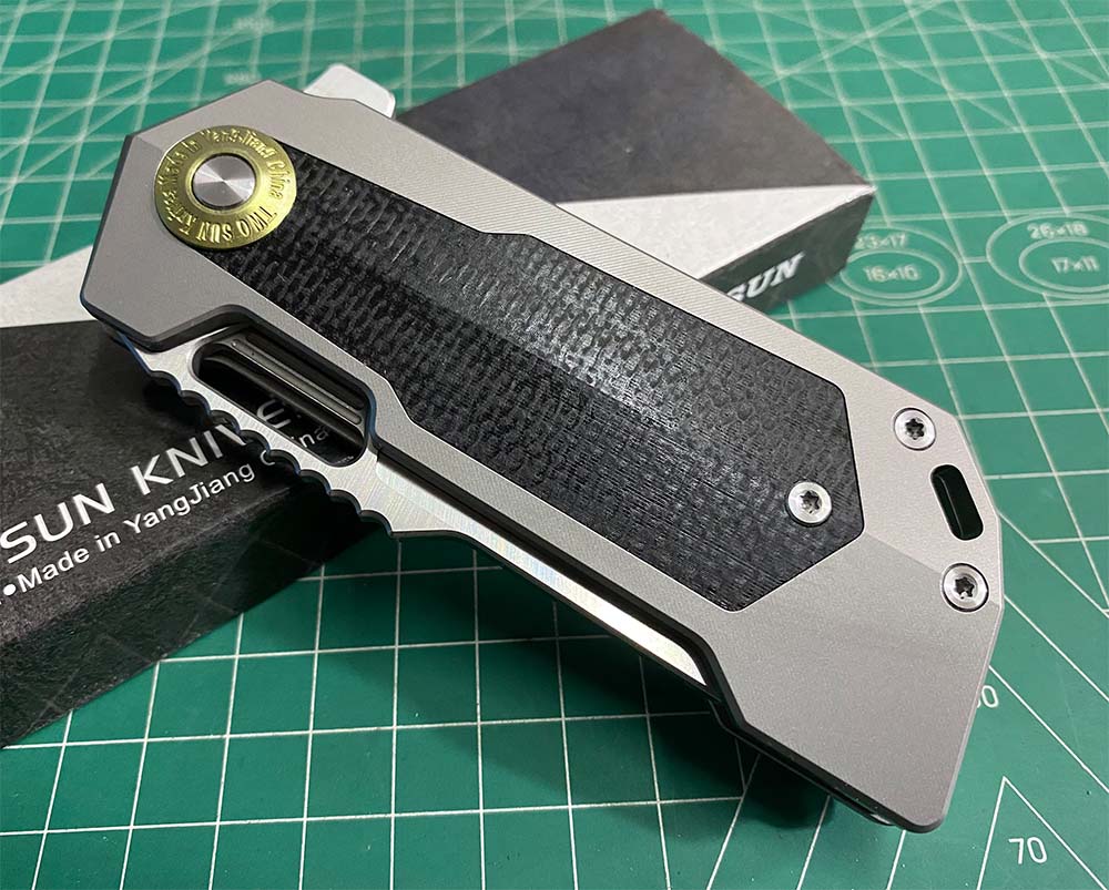 TWOSUN DAVID CHEN FLIPPER TANTO FOLDING KNIFE MICARTA TITANIUM HANDLE TS500-D2-SAND