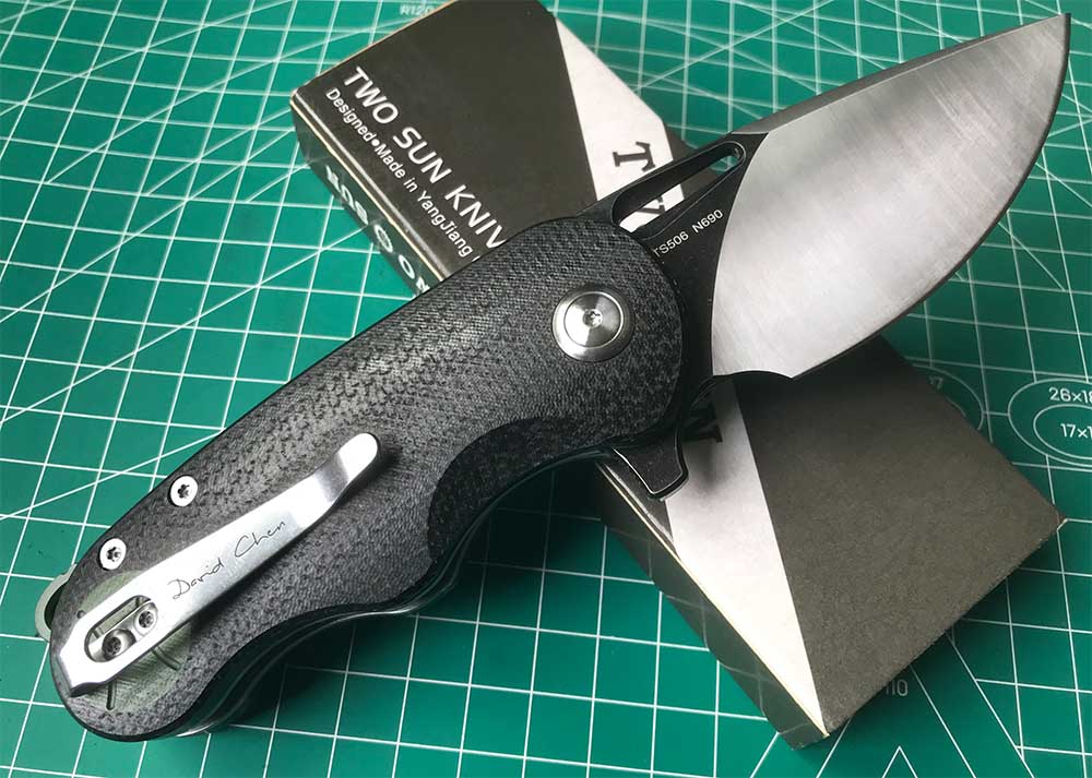 TWOSUN  FLIPPER FOLDING KNIFE DAVID CHEN DESIGN BLACK/GREEN MICARTA HANDLE N690 BLADE TS506-N690