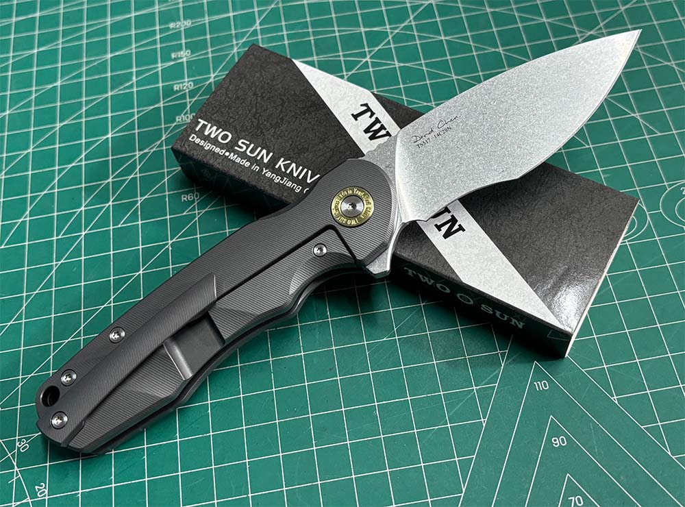 TwoSun Folding Knife Black Titanium Handle Stonewashed 14c28n TS517-14C28N-BLACK