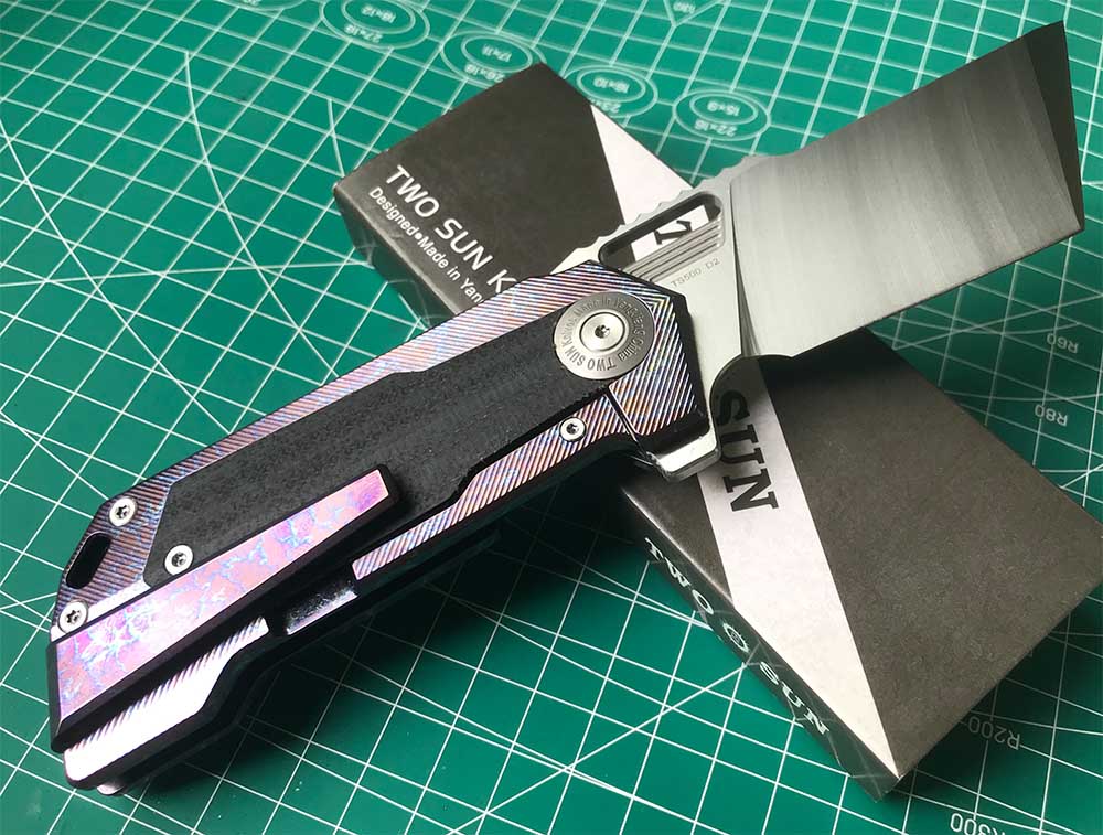 TWOSUN DAVID CHEN FLIPPER TANTO FOLDING KNIFE MICARTA TITANIUM HANDLE TS500-D2-Color