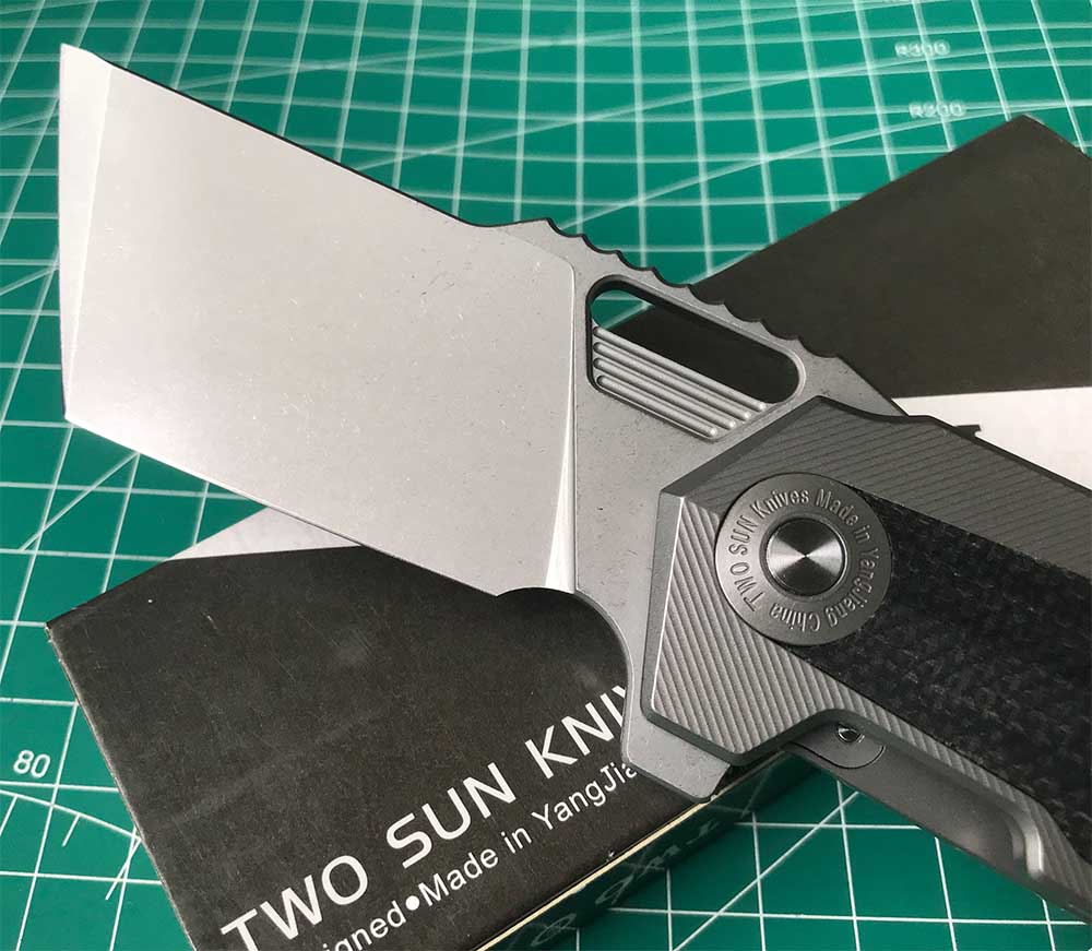 TWOSUN DAVID CHEN FLIPPER TANTO FOLDING KNIFE MICARTA TITANIUM HANDLE TS500-D2-StoneWash