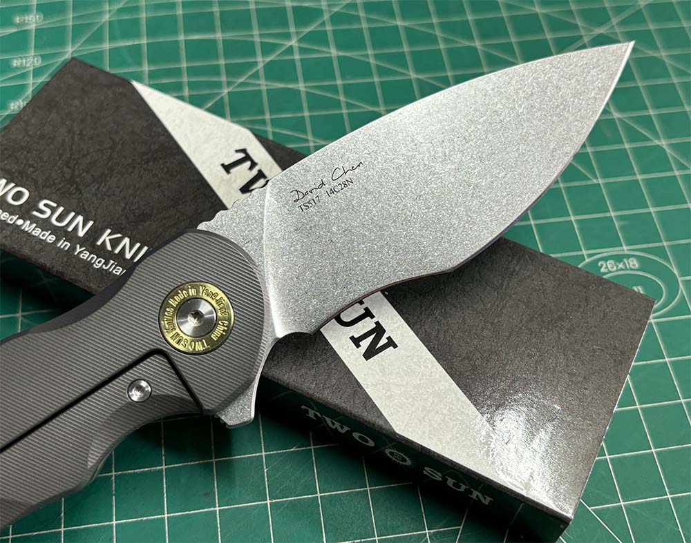 TwoSun Folding Knife Black Titanium Handle Stonewashed 14c28n TS517-14C28N-BLACK