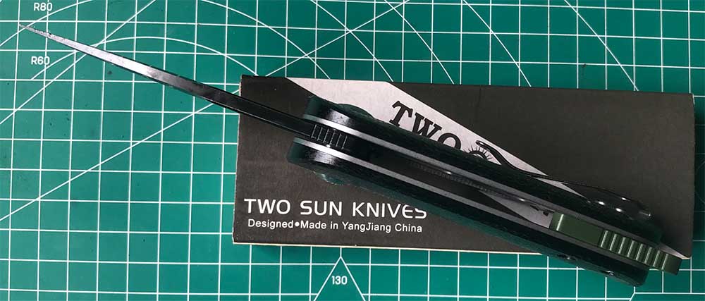 TWOSUN  FLIPPER FOLDING KNIFE DAVID CHEN DESIGN BLACK/GREEN MICARTA HANDLE N690 BLADE TS506-N690