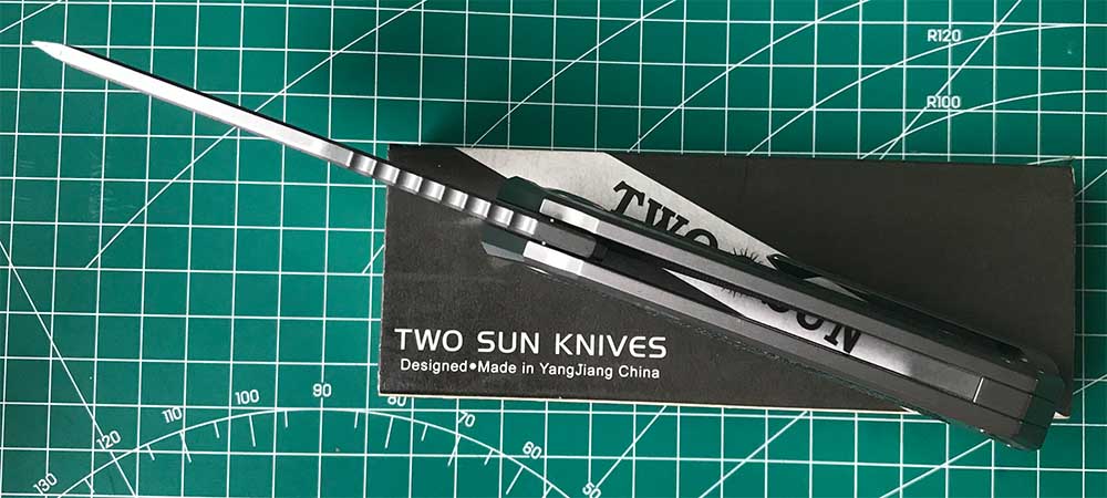 TWOSUN DAVID CHEN FLIPPER TANTO FOLDING KNIFE MICARTA TITANIUM HANDLE TS500-D2-StoneWash