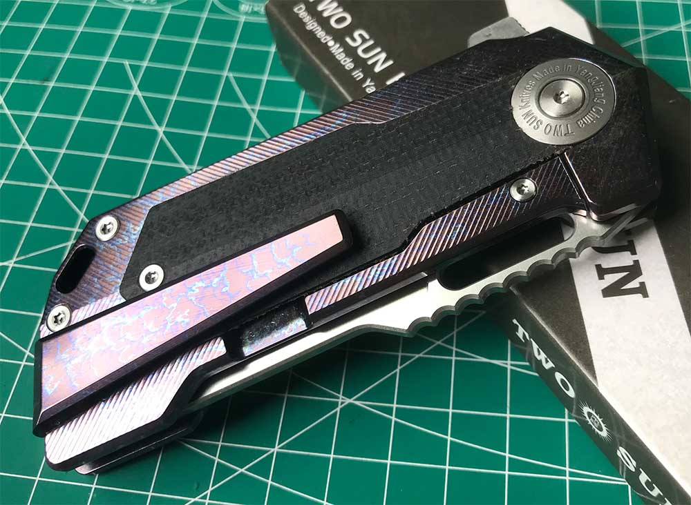 TWOSUN DAVID CHEN FLIPPER TANTO FOLDING KNIFE MICARTA TITANIUM HANDLE TS500-D2-Color
