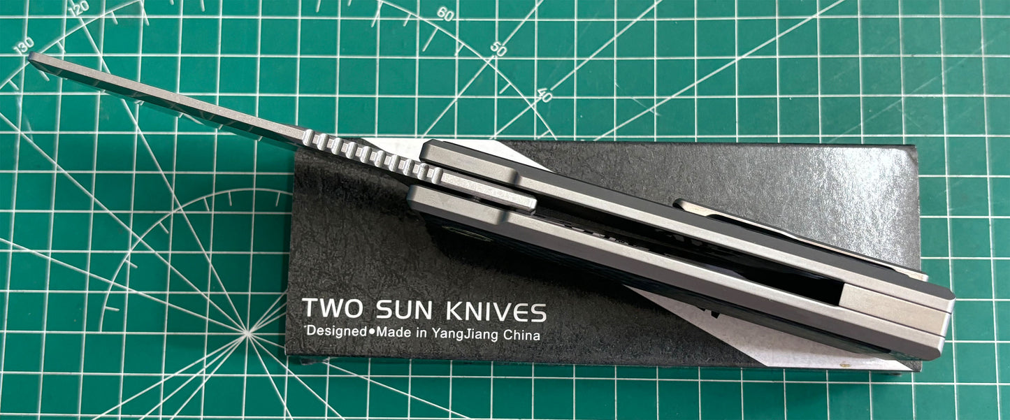 TwoSun Folding Knife CARBON FIBER Titanium Handle Stonewashed 14c28n TS529-14C28N-CF