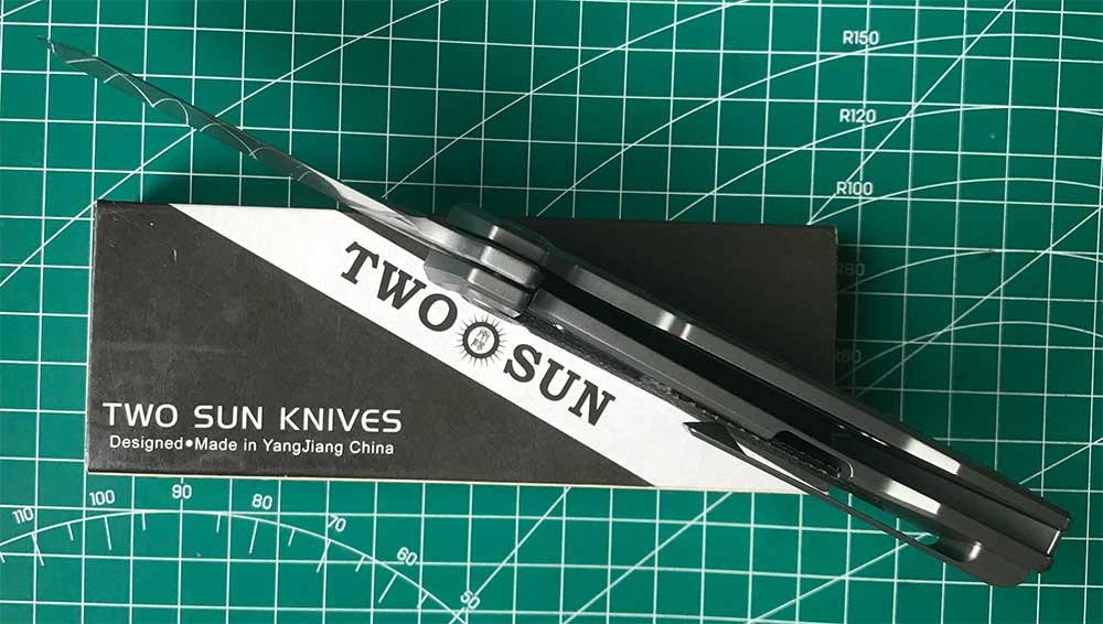 TWOSUN DAVID CHEN FLIPPER TANTO FOLDING KNIFE MICARTA TITANIUM HANDLE TS500-D2-StoneWash