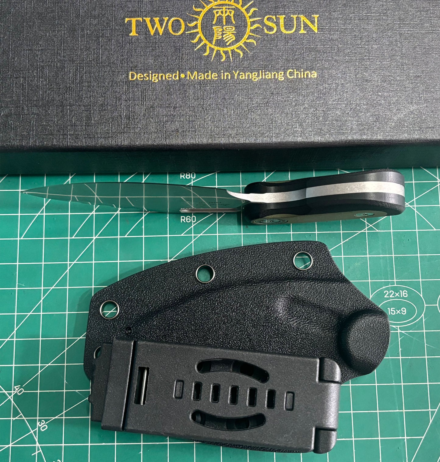TWOSUN FIXED BLADE KNIFE Green Black G10 HANDLE D2 PLAIN EDGE TS545-D2-KS
