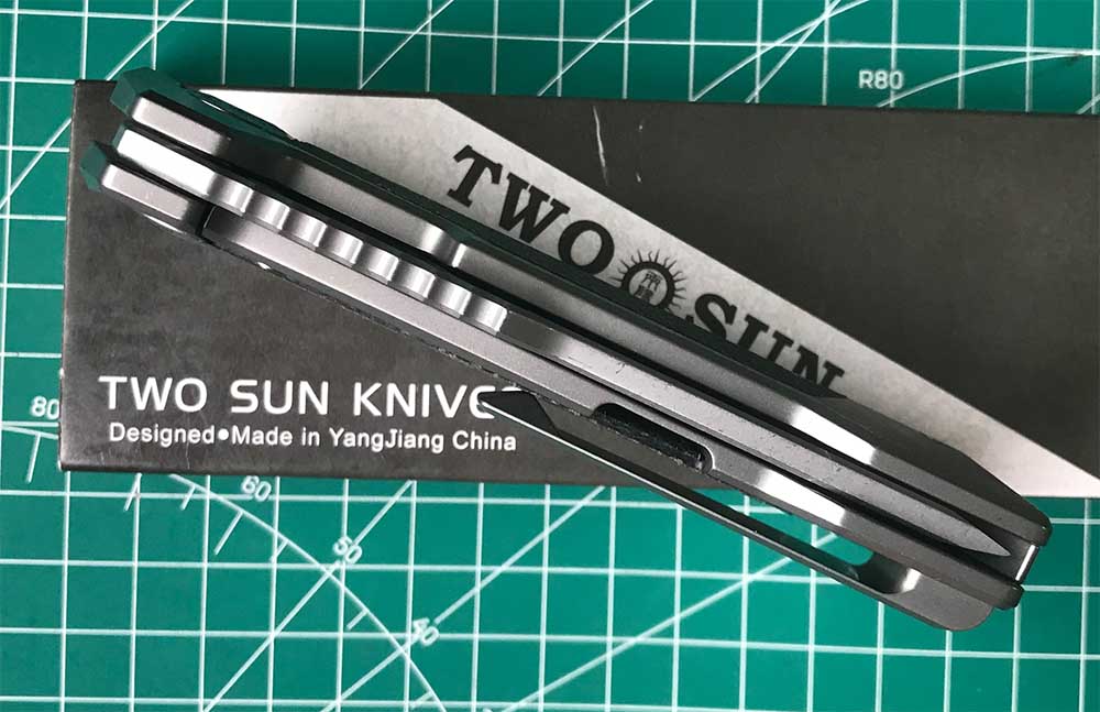 TWOSUN DAVID CHEN FLIPPER TANTO FOLDING KNIFE MICARTA TITANIUM HANDLE TS500-D2-StoneWash