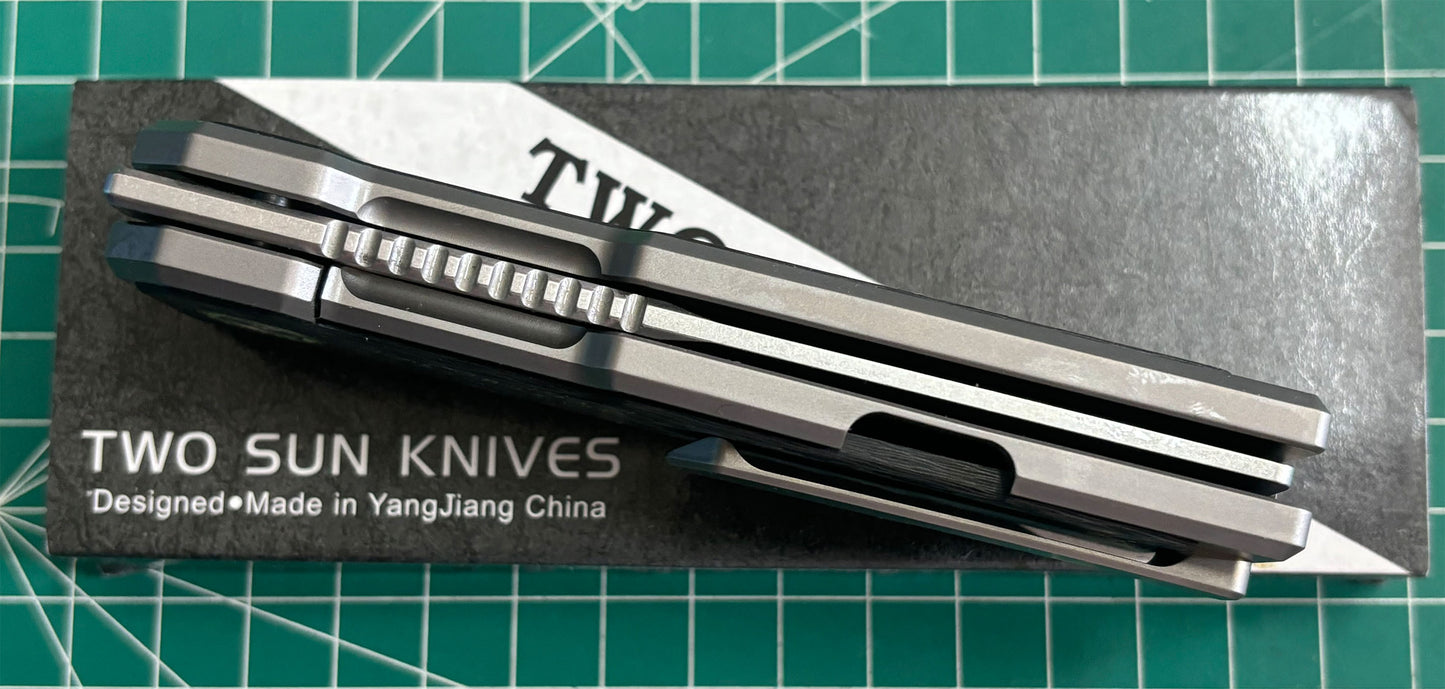 TwoSun Folding Knife CARBON FIBER Titanium Handle Stonewashed 14c28n TS529-14C28N-CF
