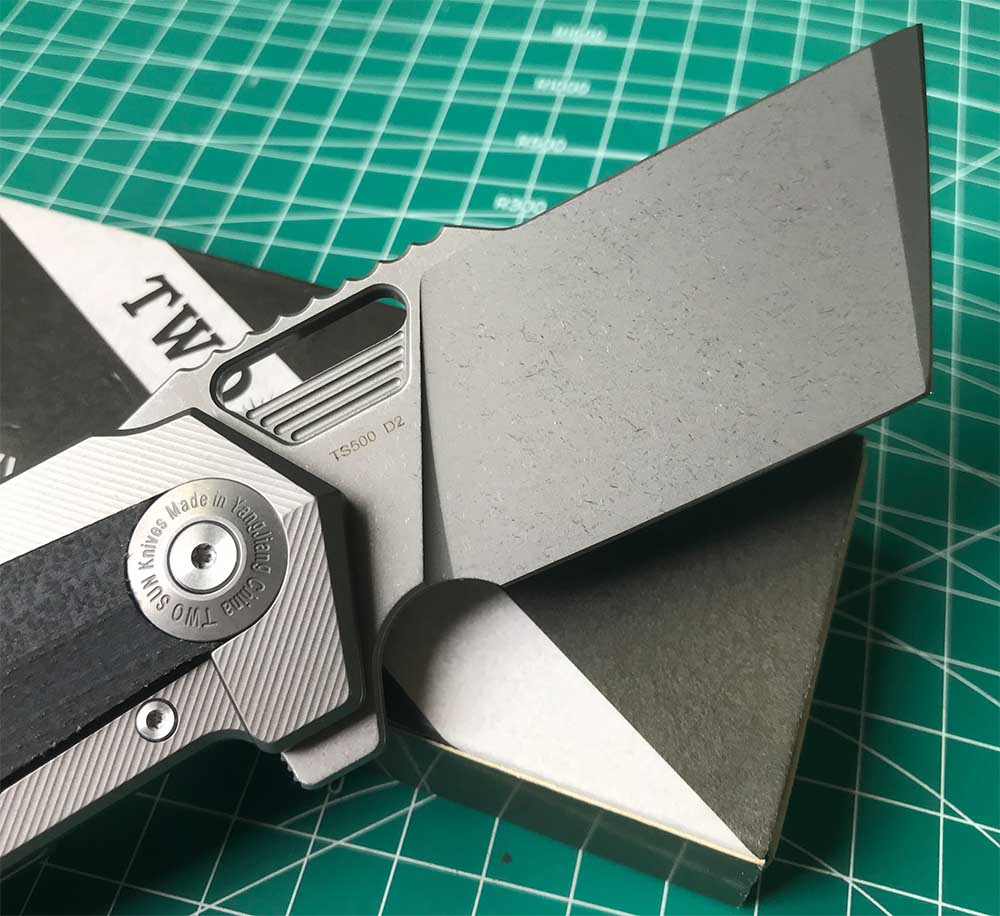 TWOSUN DAVID CHEN FLIPPER TANTO FOLDING KNIFE MICARTA TITANIUM HANDLE TS500-D2-StoneWash